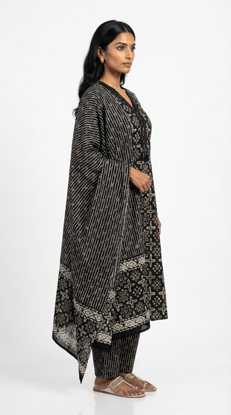 Black Cotton Kurta Pant Set with Dupatta-800236