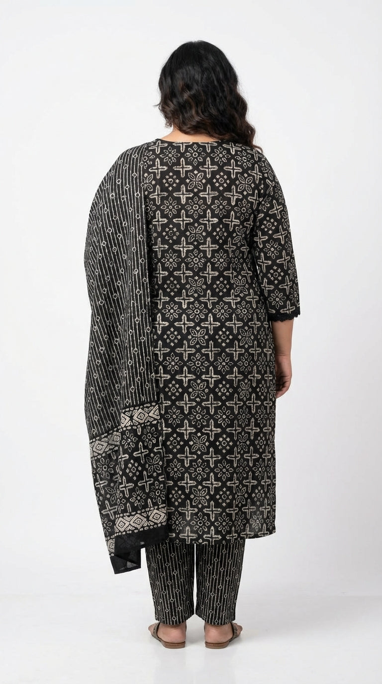 Black Cotton Kurta Pant Set with Dupatta-800236
