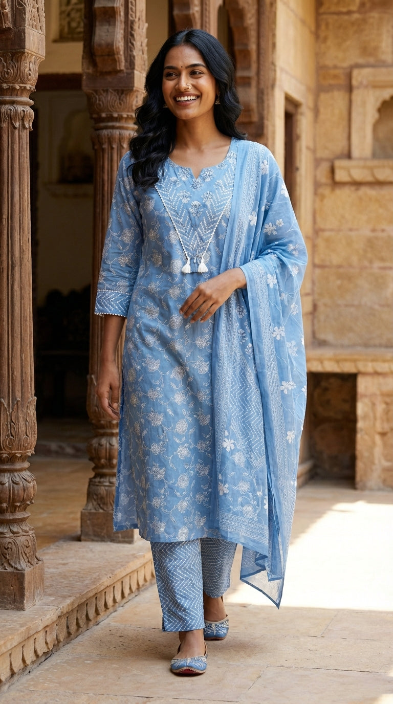 Sky Blue Cotton Kurta Pant Set with Dupatta-800237