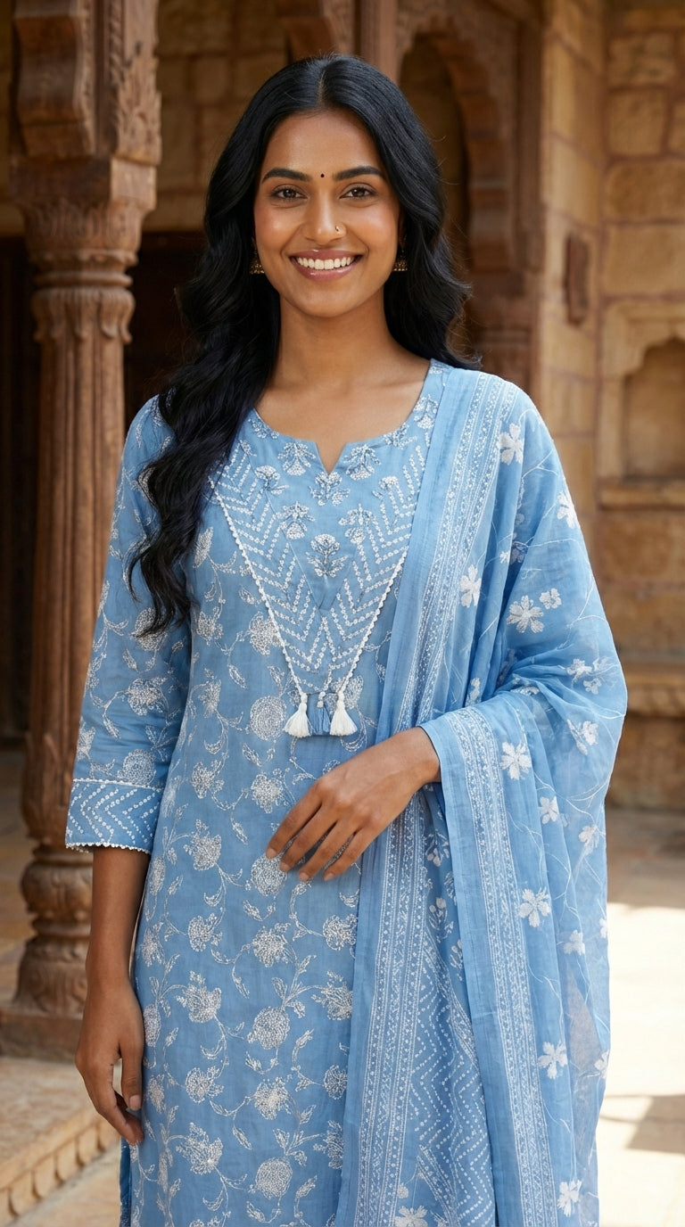 Sky Blue Cotton Kurta Pant Set with Dupatta-800237