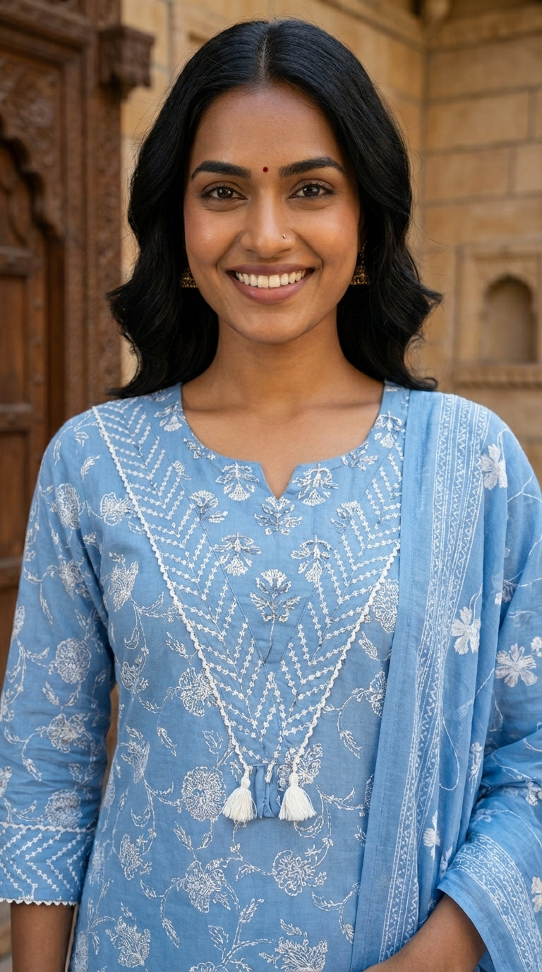 Sky Blue Cotton Kurta Pant Set with Dupatta-800237