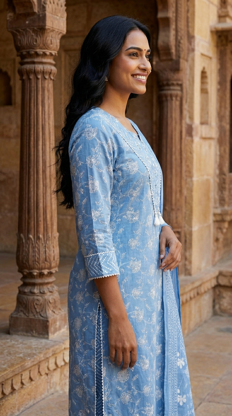 Sky Blue Cotton Kurta Pant Set with Dupatta-800237