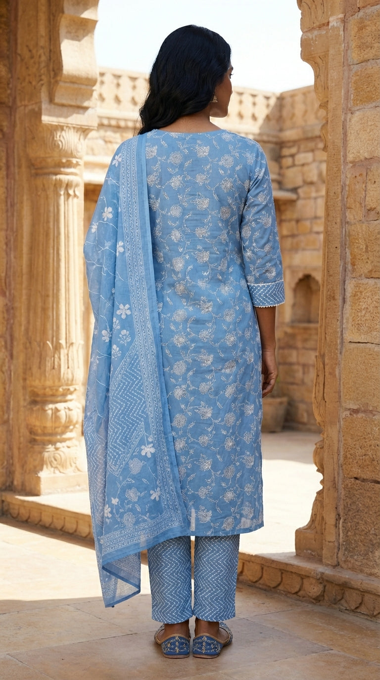 Sky Blue Cotton Kurta Pant Set with Dupatta-800237