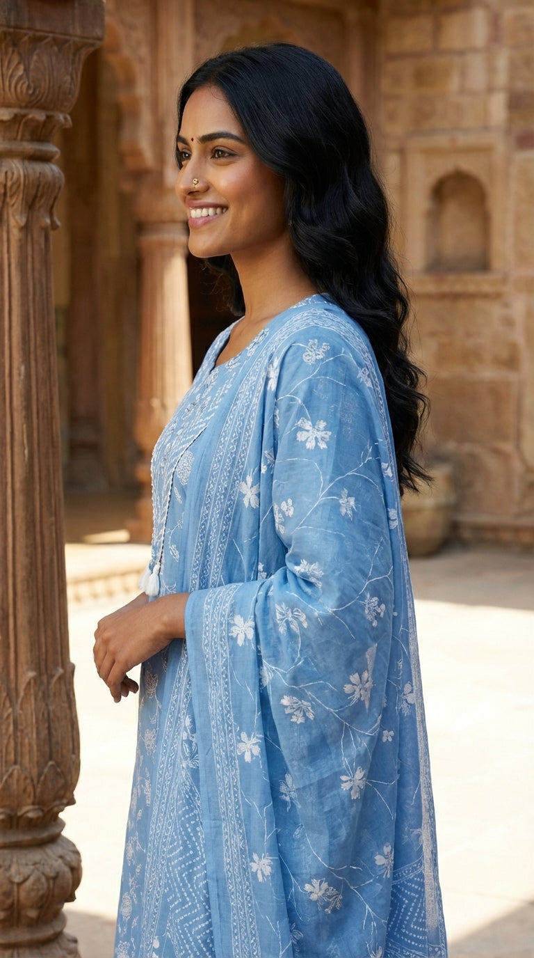 Sky Blue Cotton Kurta Pant Set with Dupatta-800237