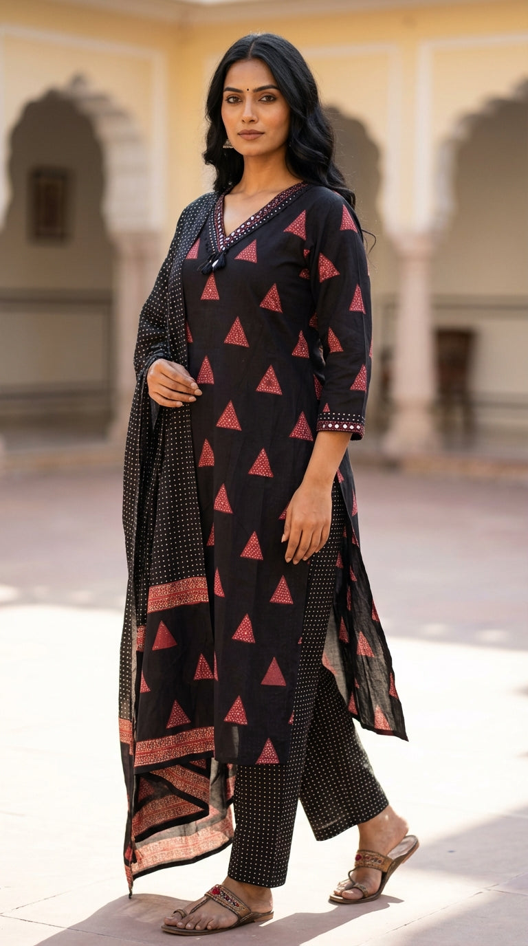 Black Cotton Kurta Pant Set with Dupatta-800240