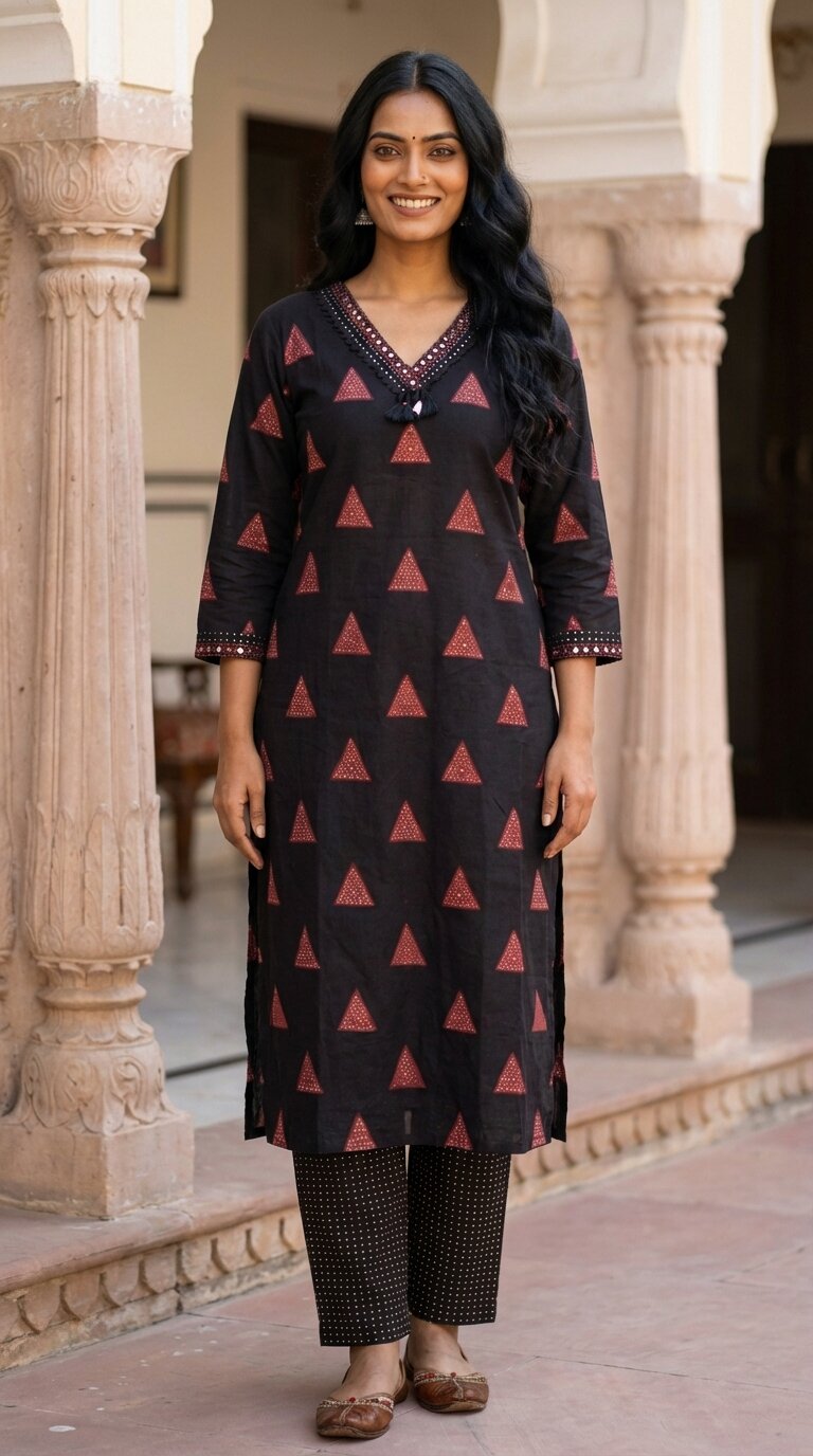 Black Cotton Kurta Pant Set with Dupatta-800240