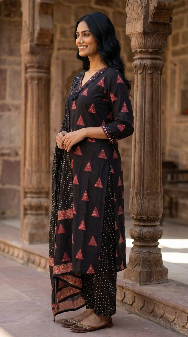 Black Cotton Kurta Pant Set with Dupatta-800240