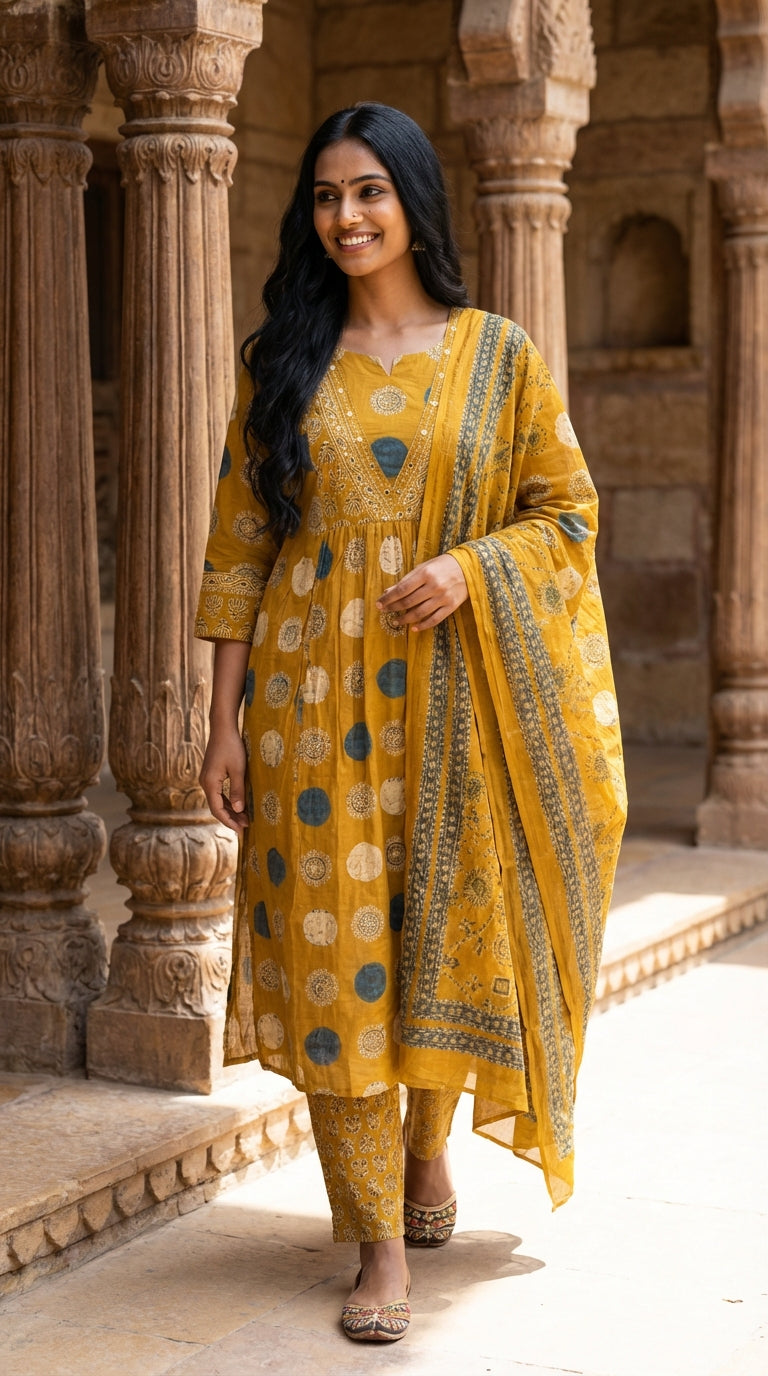 Mustard Cotton  Kurta Pant Set with Dupatta-800241