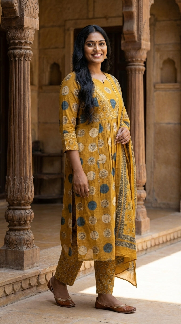 Mustard Cotton  Kurta Pant Set with Dupatta-800241