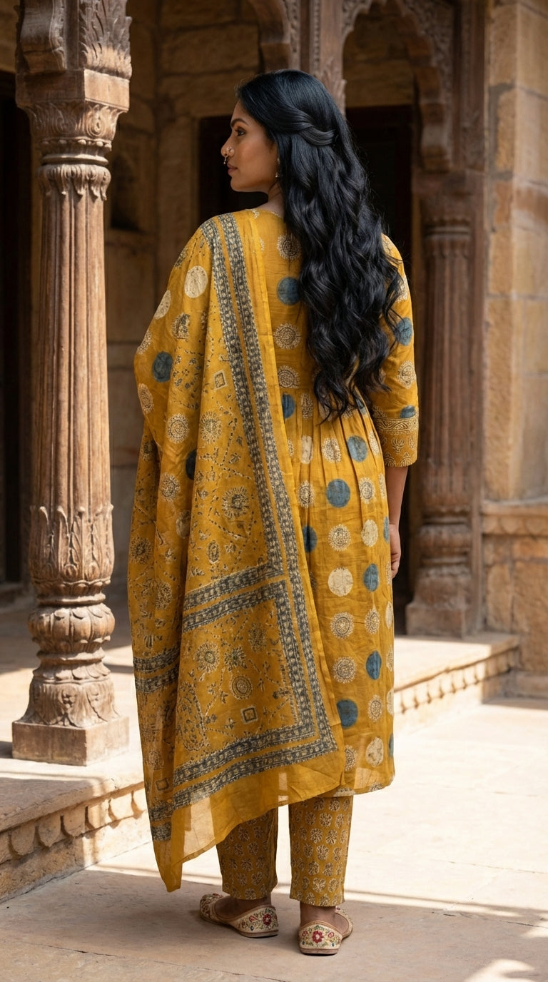 Mustard Cotton  Kurta Pant Set with Dupatta-800241