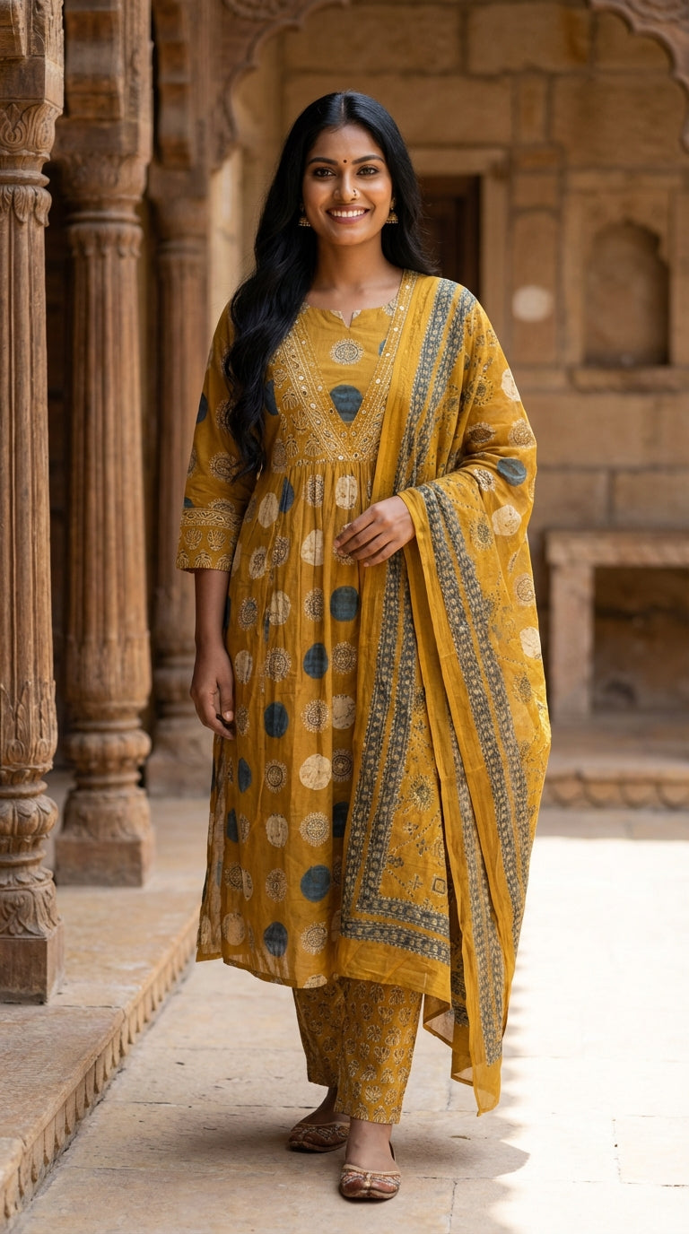 Mustard Cotton  Kurta Pant Set with Dupatta-800241