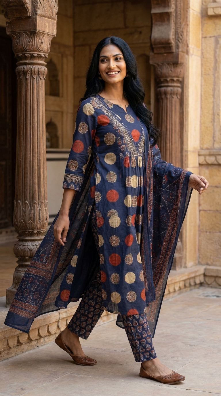 Blue Cotton Kurta Pant Set with Dupatta-800242