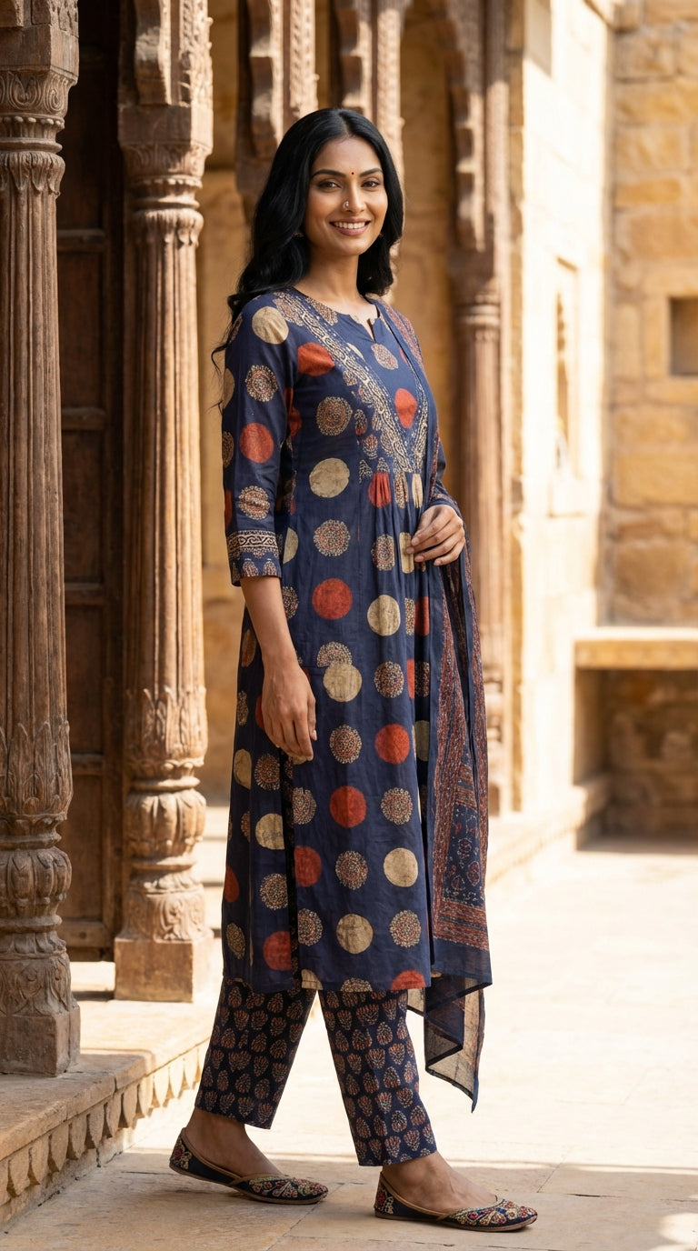 Blue Cotton Kurta Pant Set with Dupatta-800242