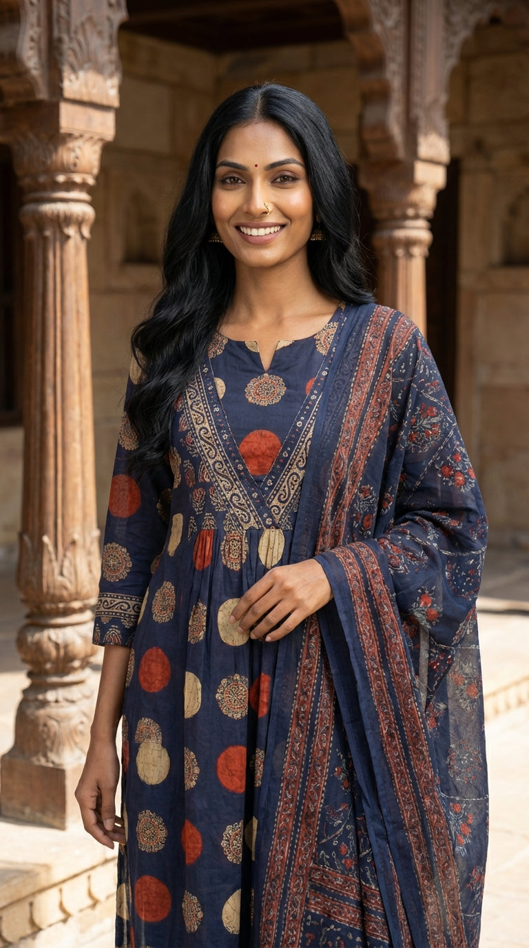 Blue Cotton Kurta Pant Set with Dupatta-800242