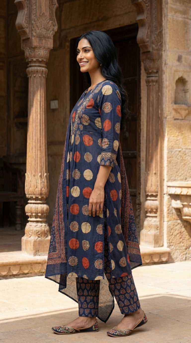 Blue Cotton Kurta Pant Set with Dupatta-800242