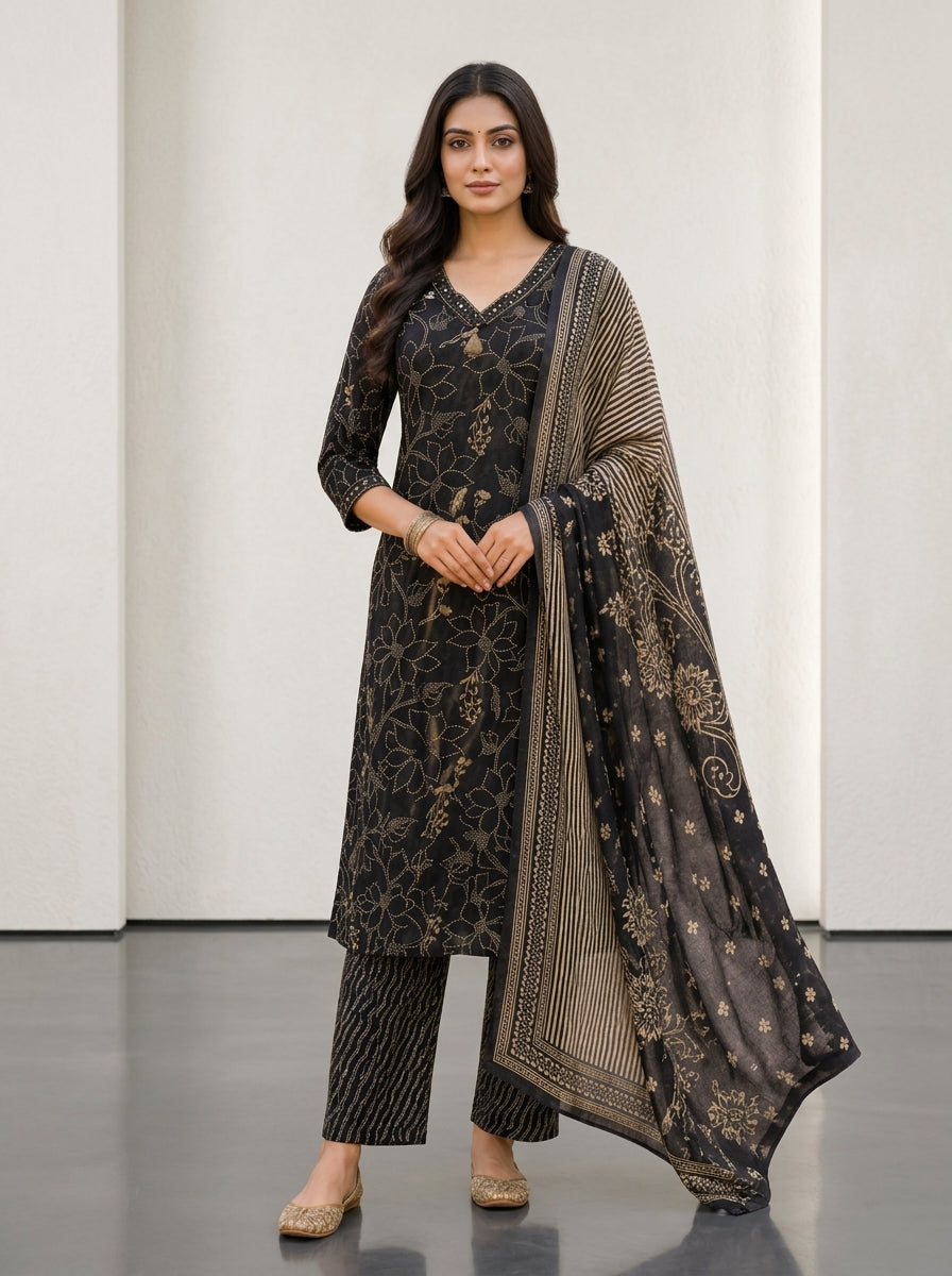 Black Cotton Kurta Pant Set with Dupatta-800252