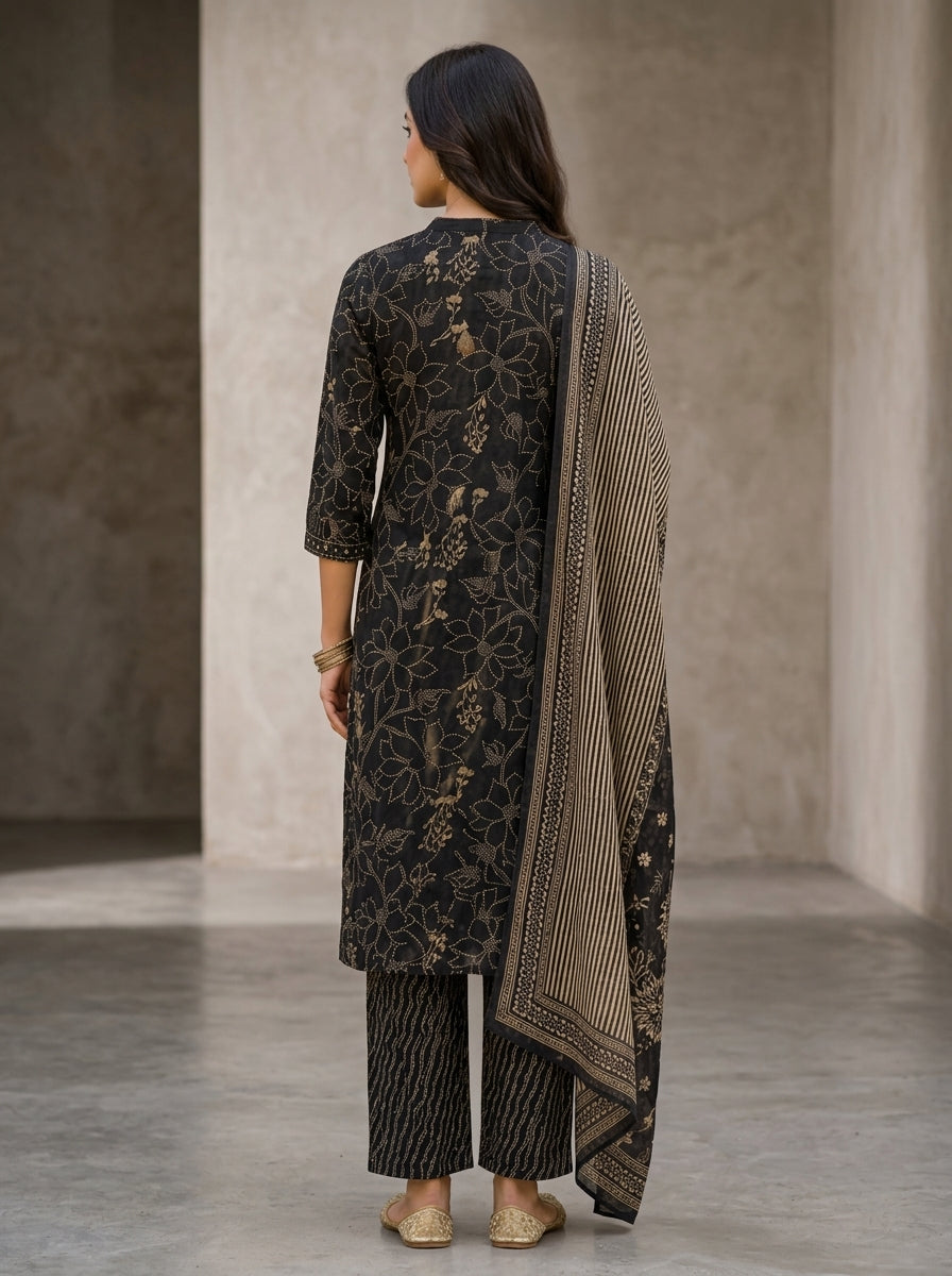 Black Cotton Kurta Pant Set with Dupatta-800252