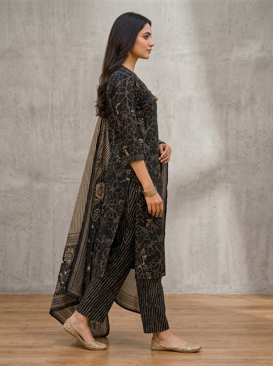 Black Cotton Kurta Pant Set with Dupatta-800252