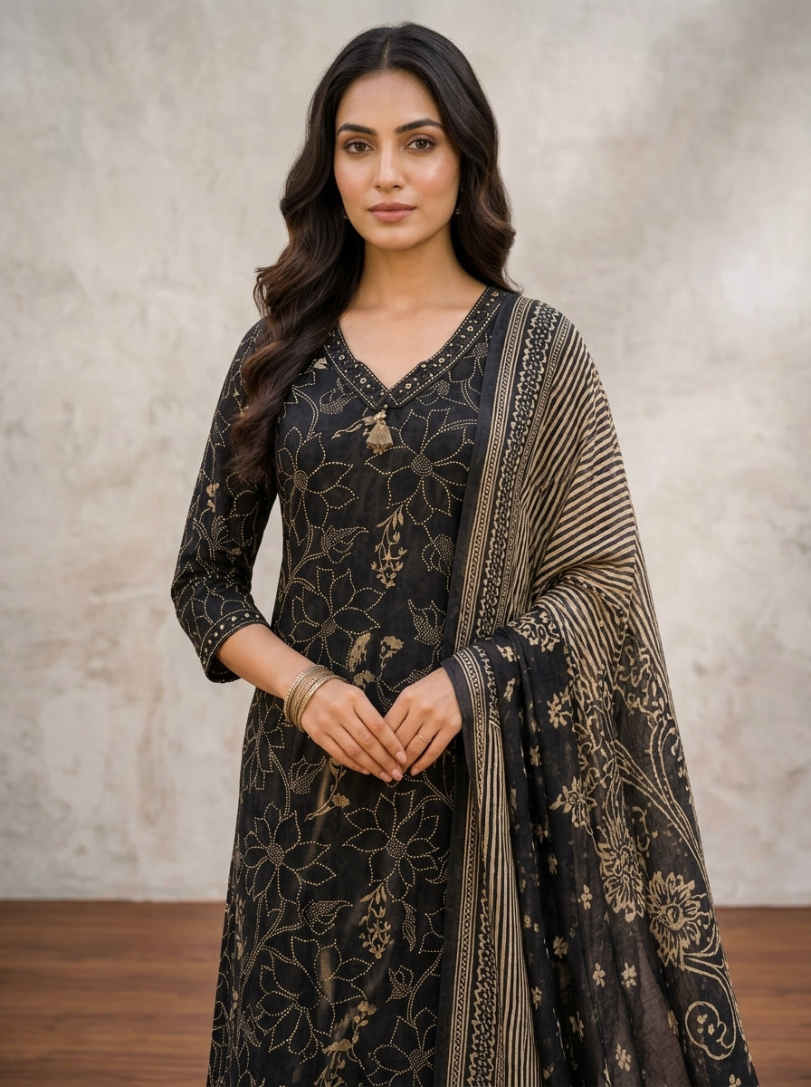 Black Cotton Kurta Pant Set with Dupatta-800252