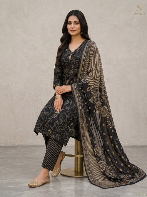 Black Cotton Kurta Pant Set with Dupatta-800252