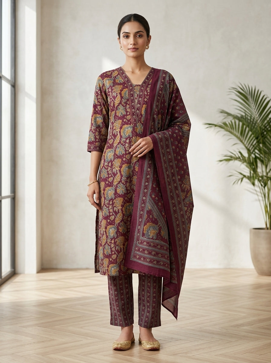Purple Cotton Kurta Pant Set with Dupatta-800257