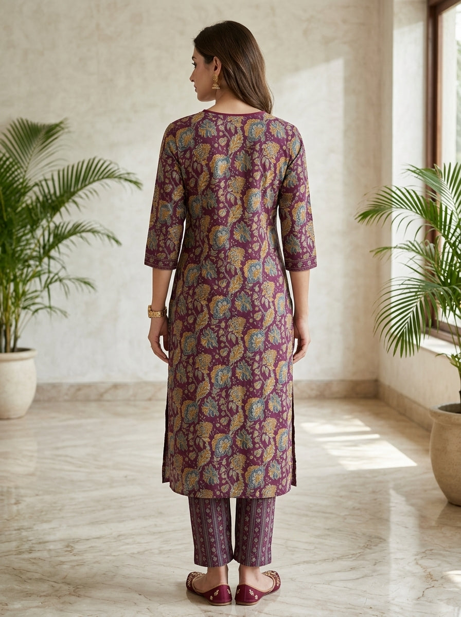 Purple Cotton Kurta Pant Set with Dupatta-800257