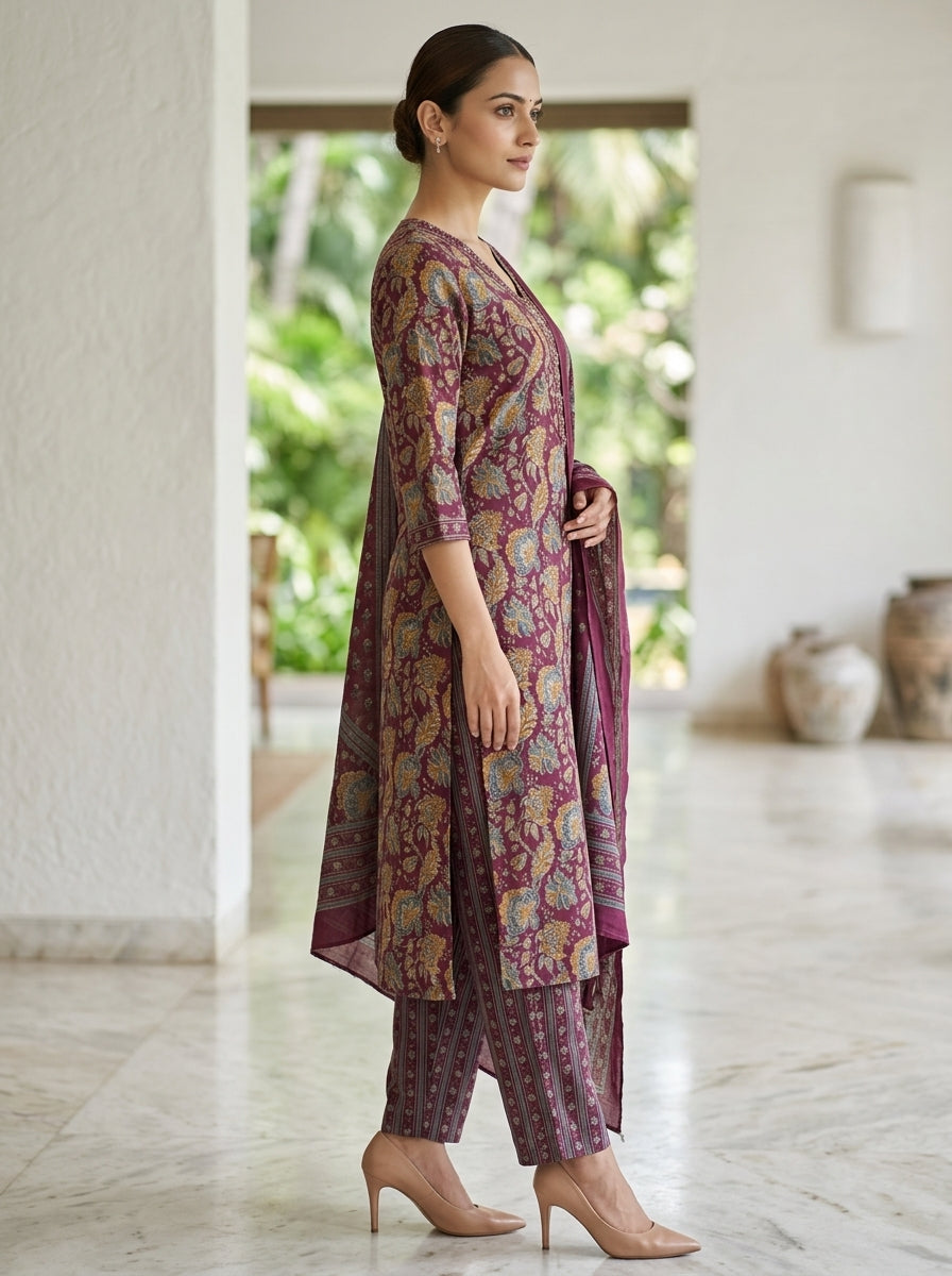 Purple Cotton Kurta Pant Set with Dupatta-800257