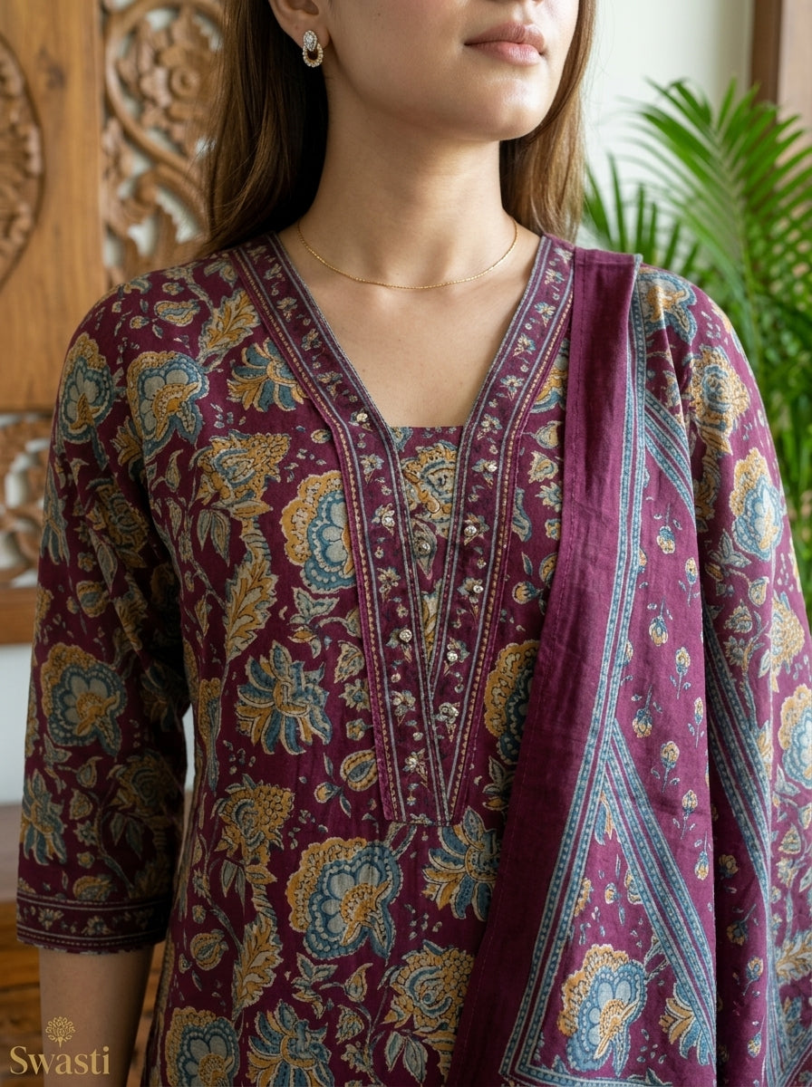Purple Cotton Kurta Pant Set with Dupatta-800257