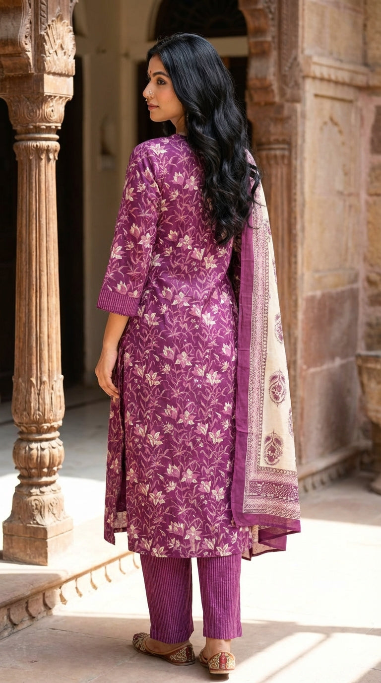 Purple Cotton Kurta Pant Set with Dupatta-800272