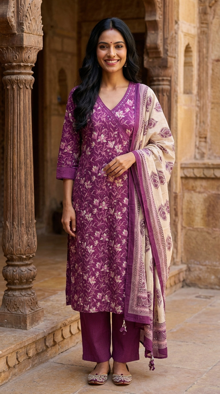 Purple Cotton Kurta Pant Set with Dupatta-800272