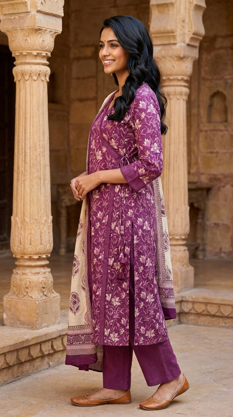 Purple Cotton Kurta Pant Set with Dupatta-800272