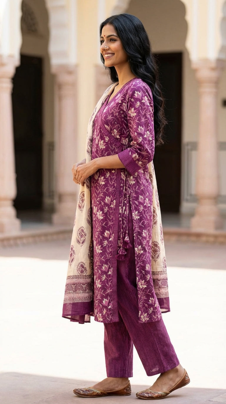 Purple Cotton Kurta Pant Set with Dupatta-800272