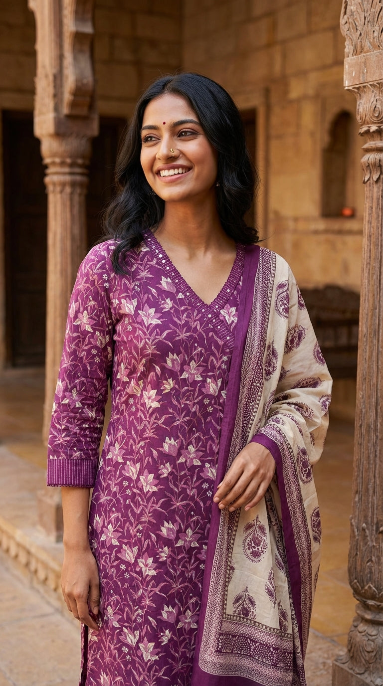 Purple Cotton Kurta Pant Set with Dupatta-800272