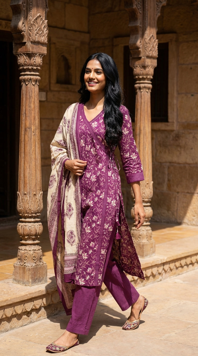 Purple Cotton Kurta Pant Set with Dupatta-800272