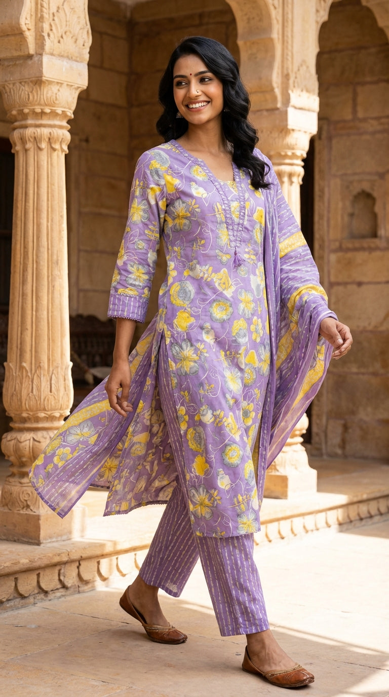 Purple Cotton Kurta Pant Set with Dupatta-800276