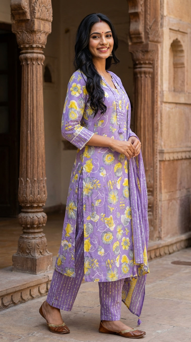 Purple Cotton Kurta Pant Set with Dupatta-800276