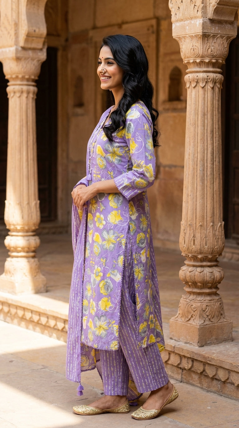 Purple Cotton Kurta Pant Set with Dupatta-800276
