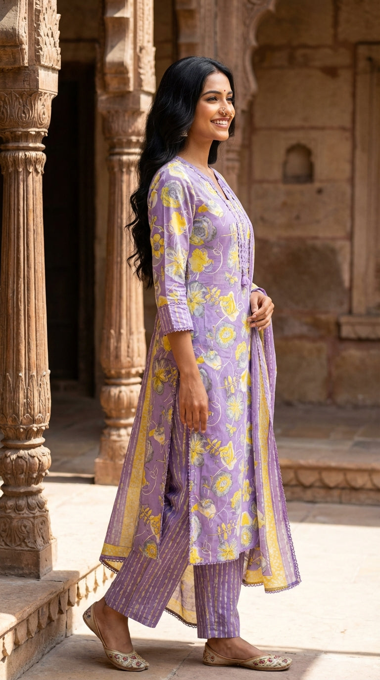 Purple Cotton Kurta Pant Set with Dupatta-800276
