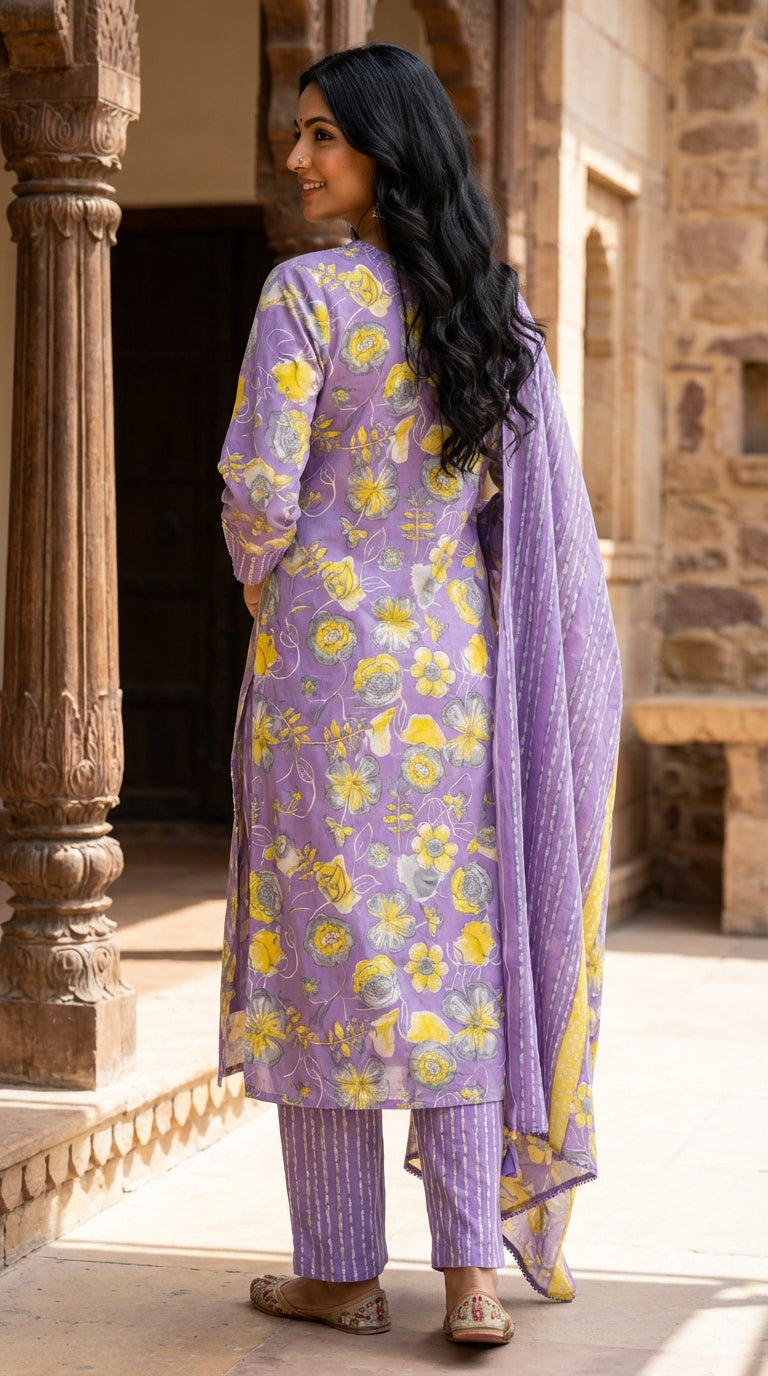 Purple Cotton Kurta Pant Set with Dupatta-800276