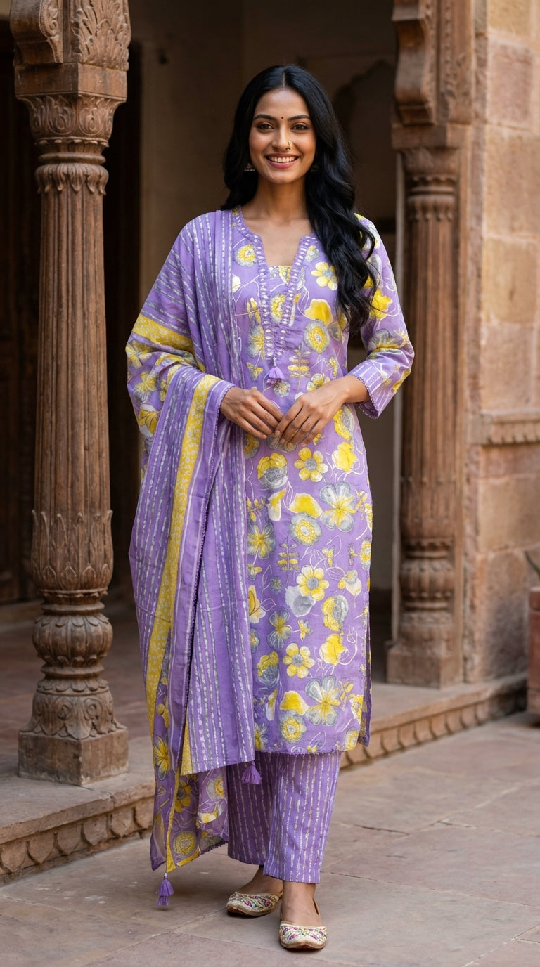 Purple Cotton Kurta Pant Set with Dupatta-800276