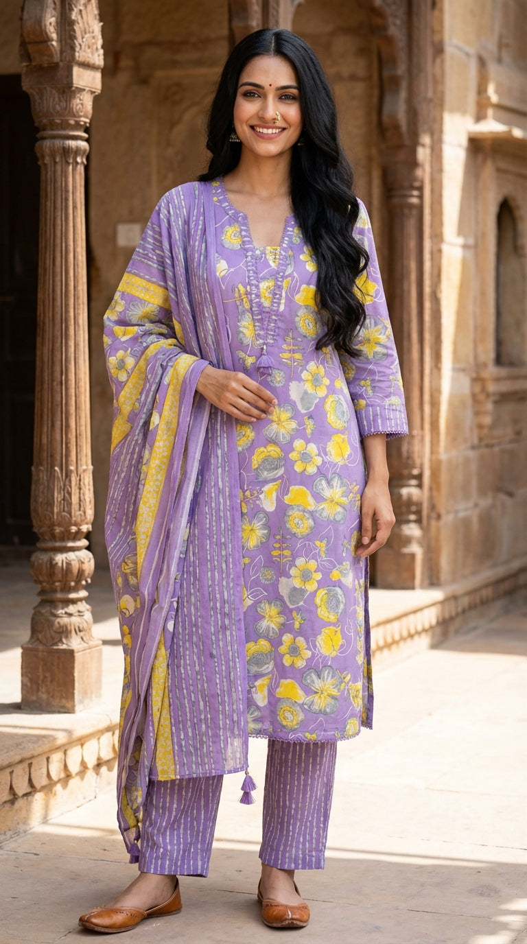 Purple Cotton Kurta Pant Set with Dupatta-800276