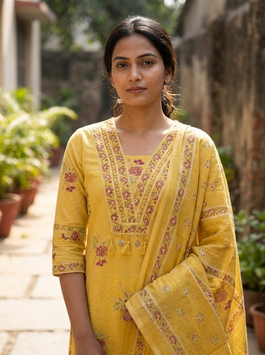 Yellow Cotton Kurta Pant Set with Dupatta-800278