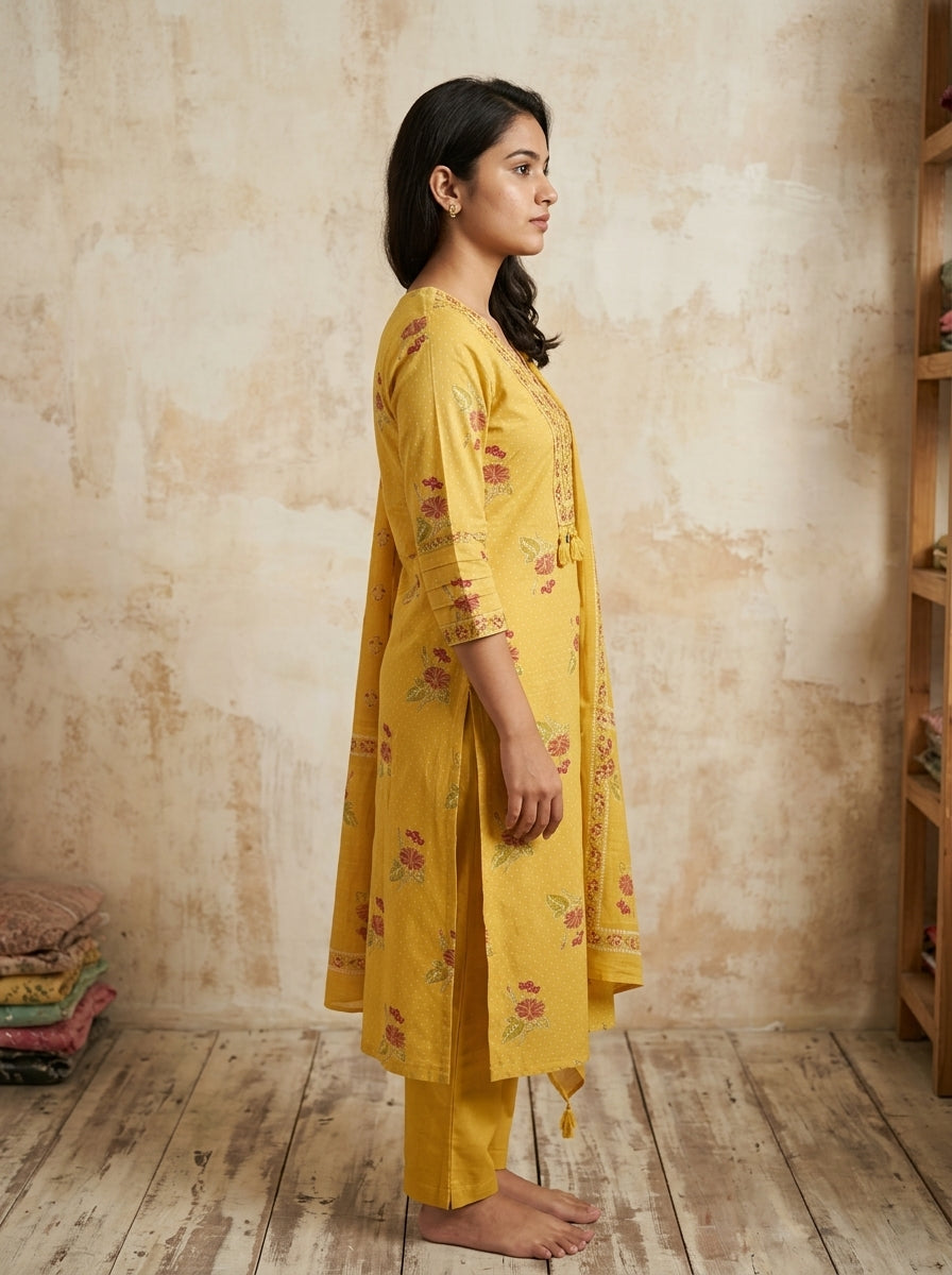Yellow Cotton Kurta Pant Set with Dupatta-800278