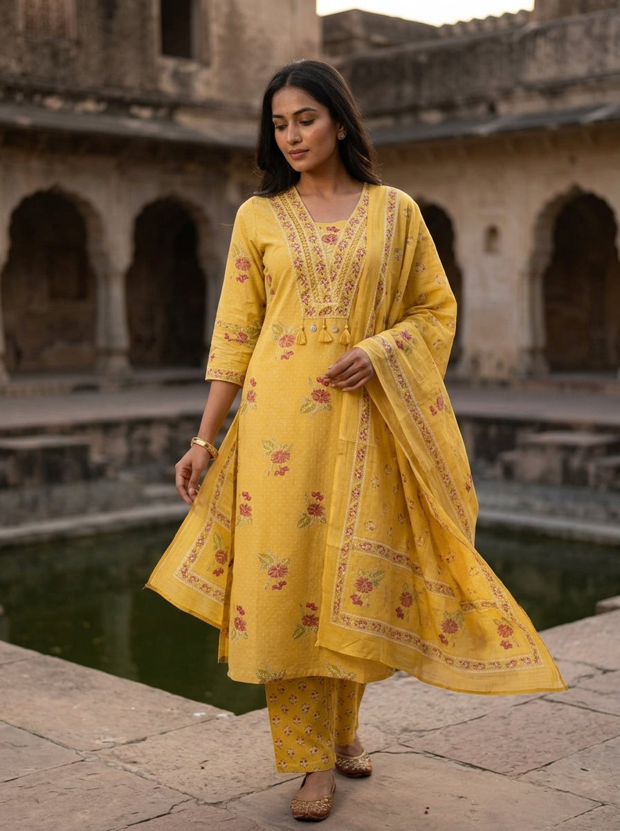 Yellow Cotton Kurta Pant Set with Dupatta-800278