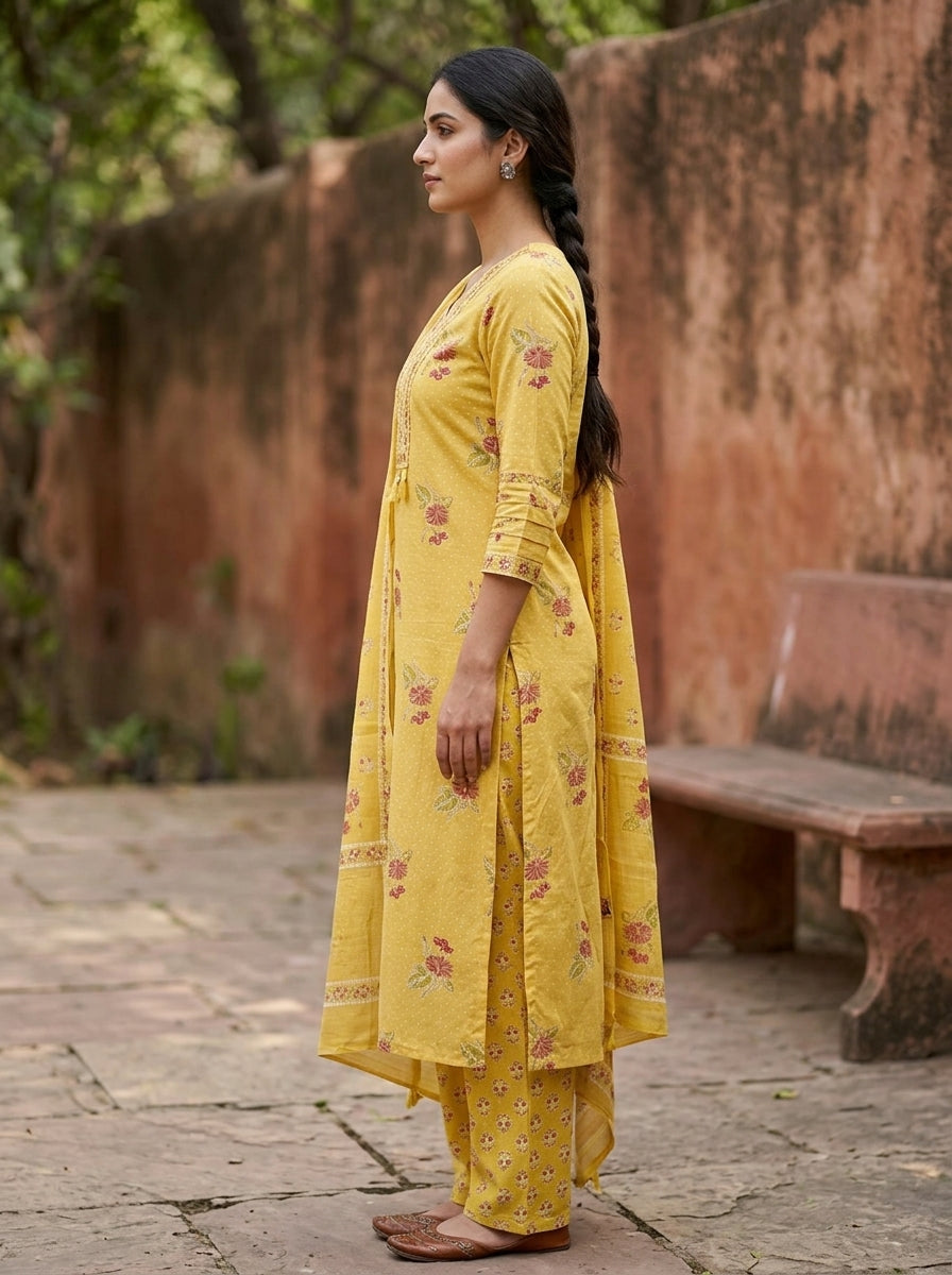 Yellow Cotton Kurta Pant Set with Dupatta-800278