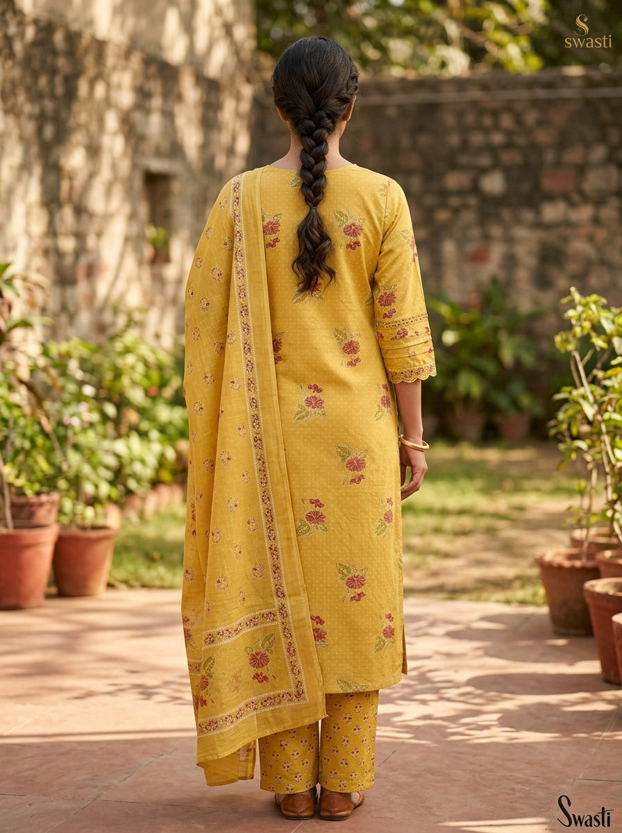 Yellow Cotton Kurta Pant Set with Dupatta-800278