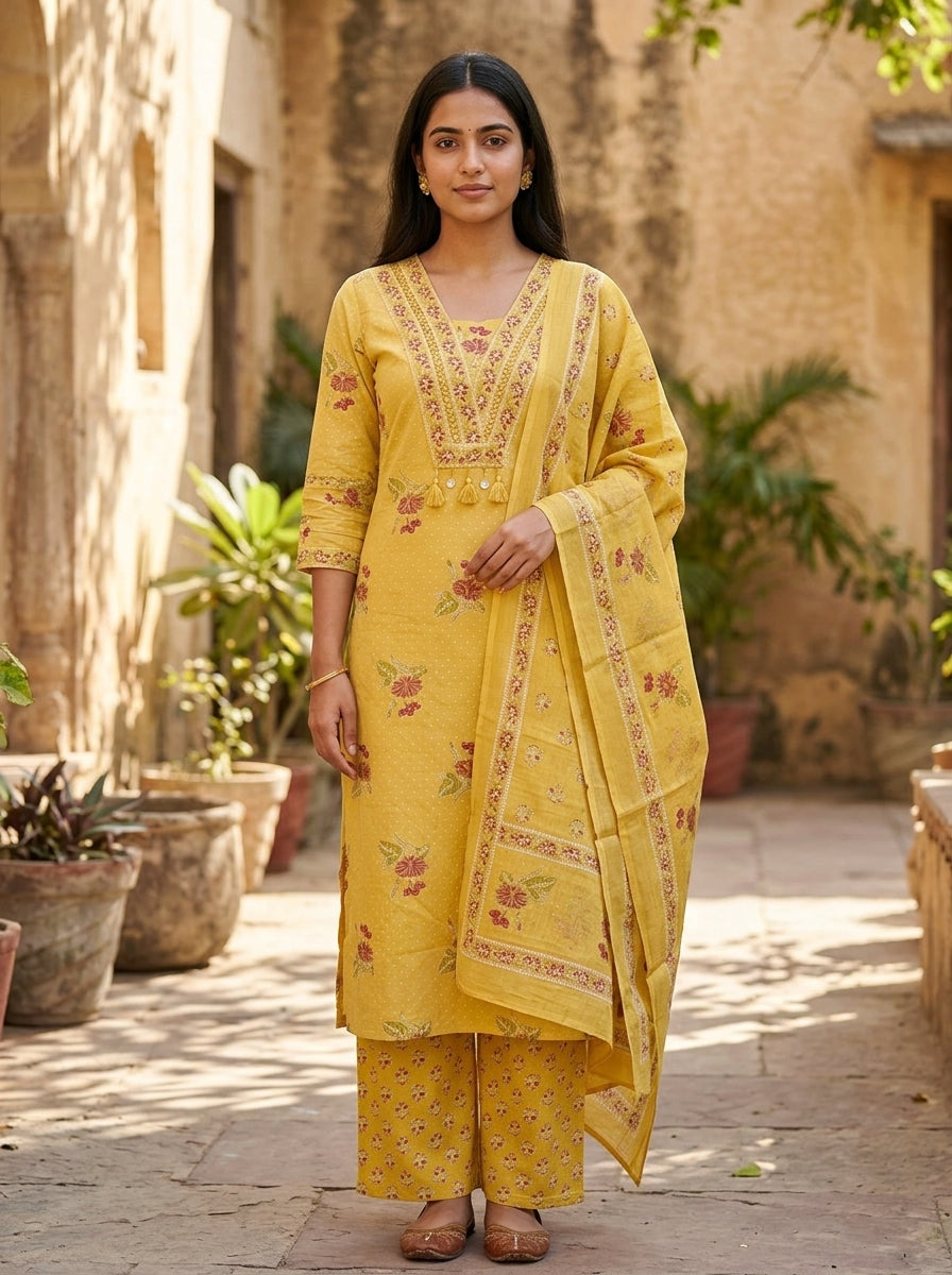 Yellow Cotton Kurta Pant Set with Dupatta-800278