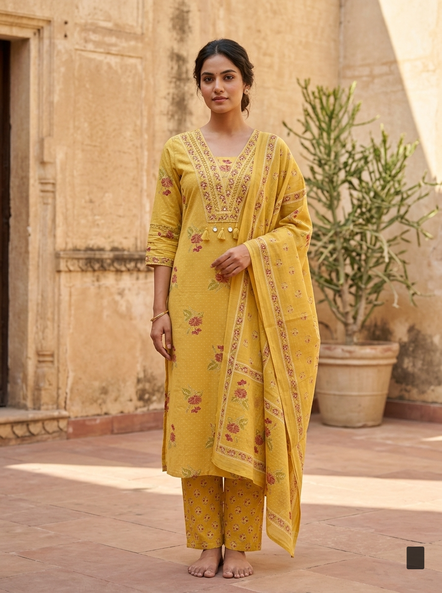 Yellow Cotton Kurta Pant Set with Dupatta-800278