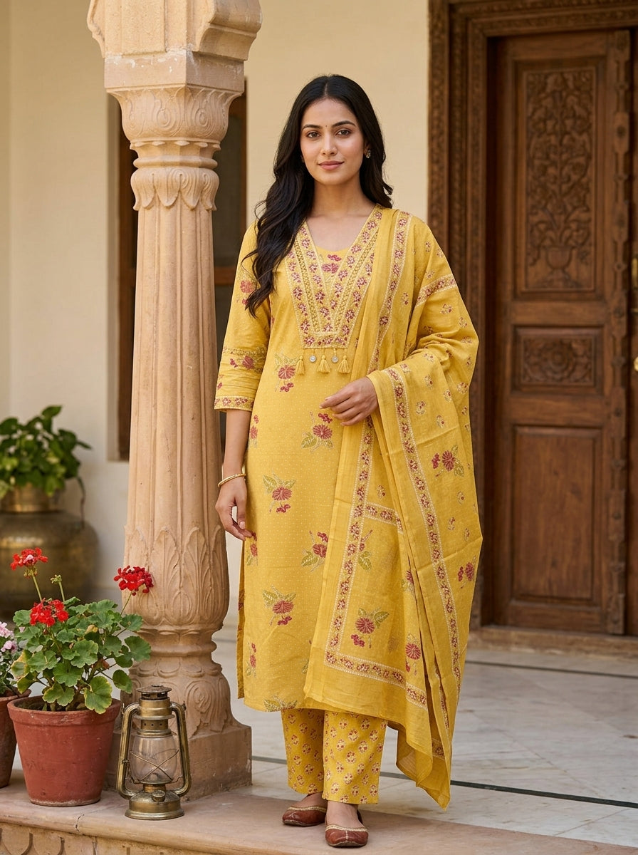 Yellow Cotton Kurta Pant Set with Dupatta-800278