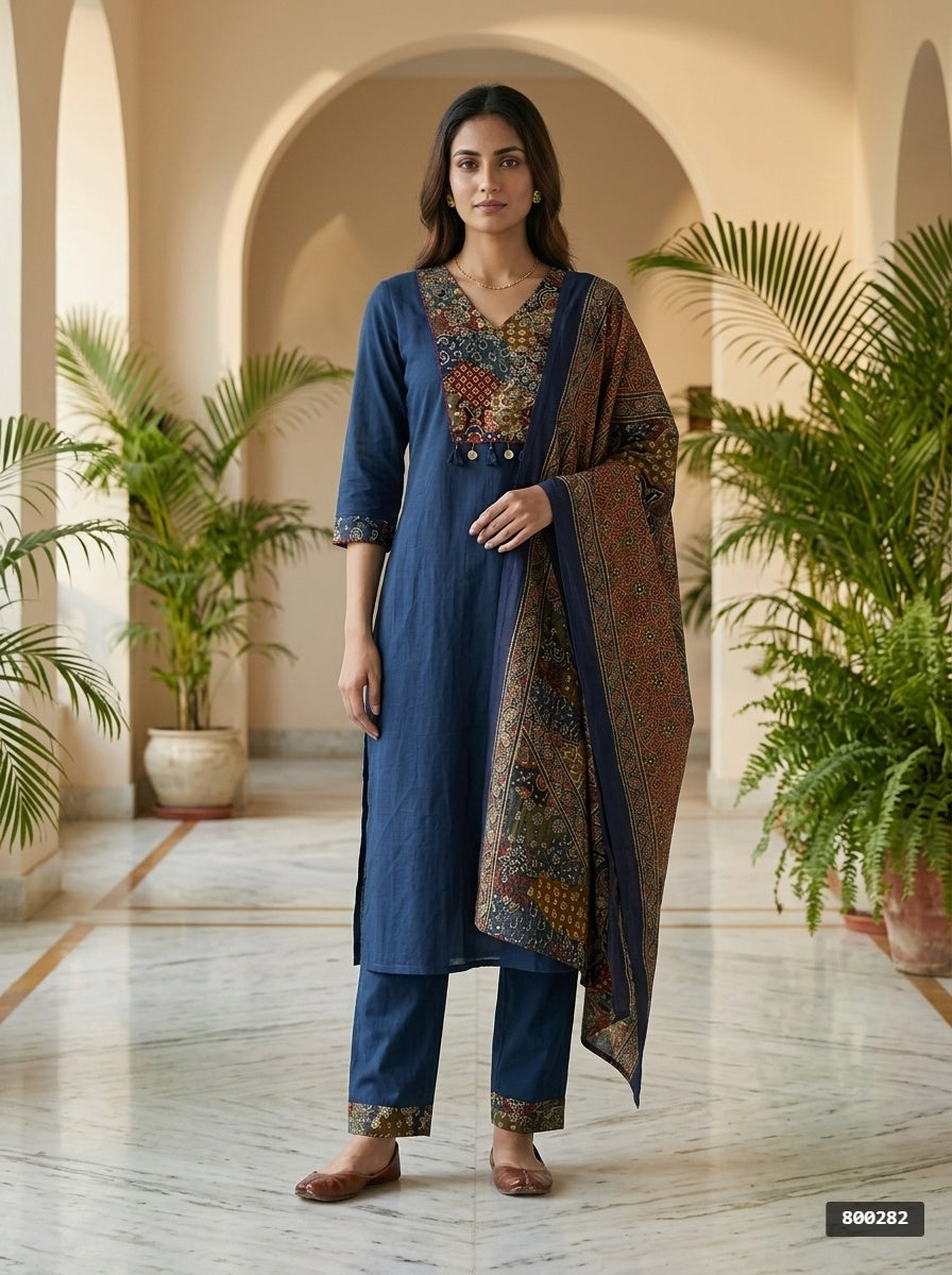 Blue Cotton Kurta Pant Set with Dupatta-800282